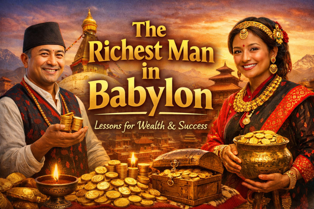 Newari man and woman in traditional Nepali attire holding gold coins with Kathmandu temples in the background, representing wealth lessons from The Richest Man in Babylon